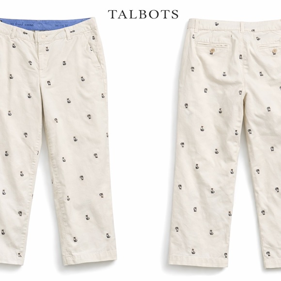 Talbots Cat Print Cropped Chino Pants Womens Size 12 Preppy cream embroidered - Picture 11 of 13